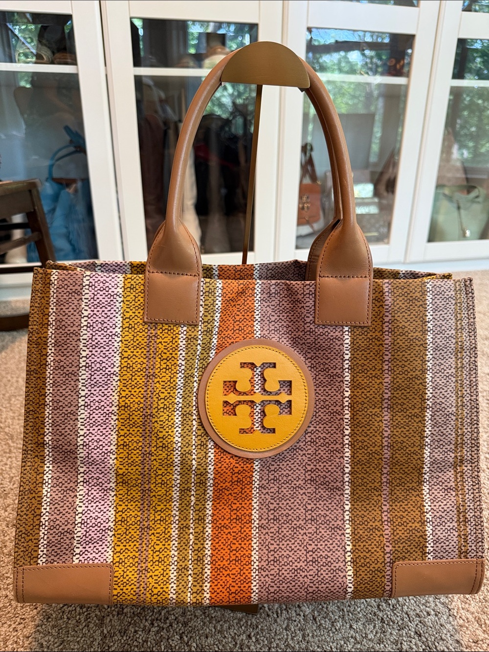 Tory Burch Striped Multicolor Canvas Tote with Tan Leather Trim
